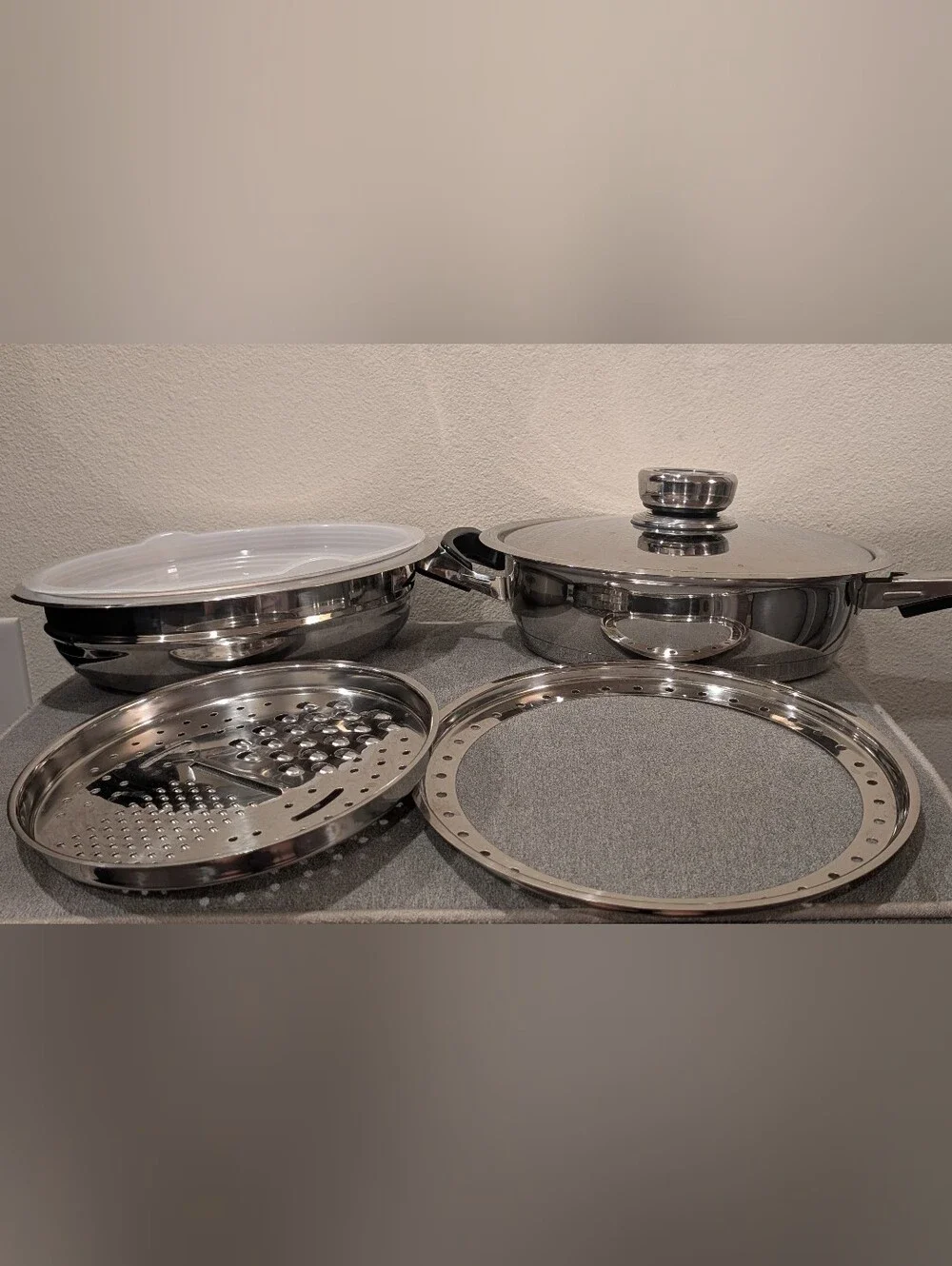 Rainbow Nutri Stahl Stainless Steel Saute Pan w/Double Boiler Cheese Grater Lids